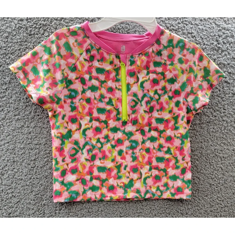 ID Ideology Blurred Floral Rash Guard Big Girls L Cerise Pink Half-Zip Closure